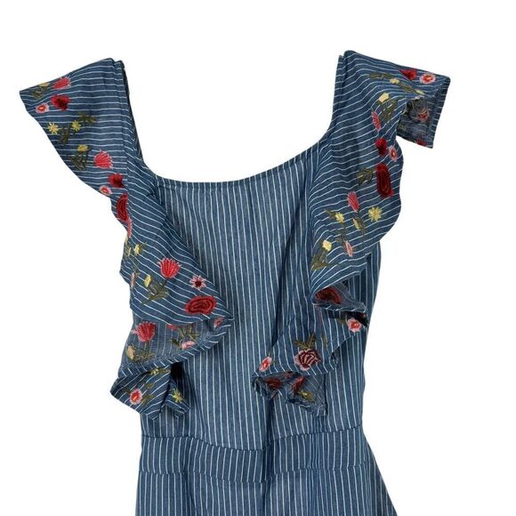 Wide Leg Jumpsuit L Blue Pin Striped Floral Embroidered Ruffle San Joy Open Back - Picture 2 of 11